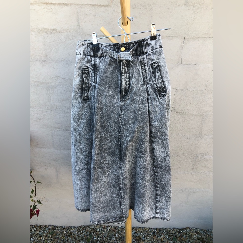 Vintage grey acid wash denim high waisted pleated midi/ maxi denim skirt - Picture 8 of 14